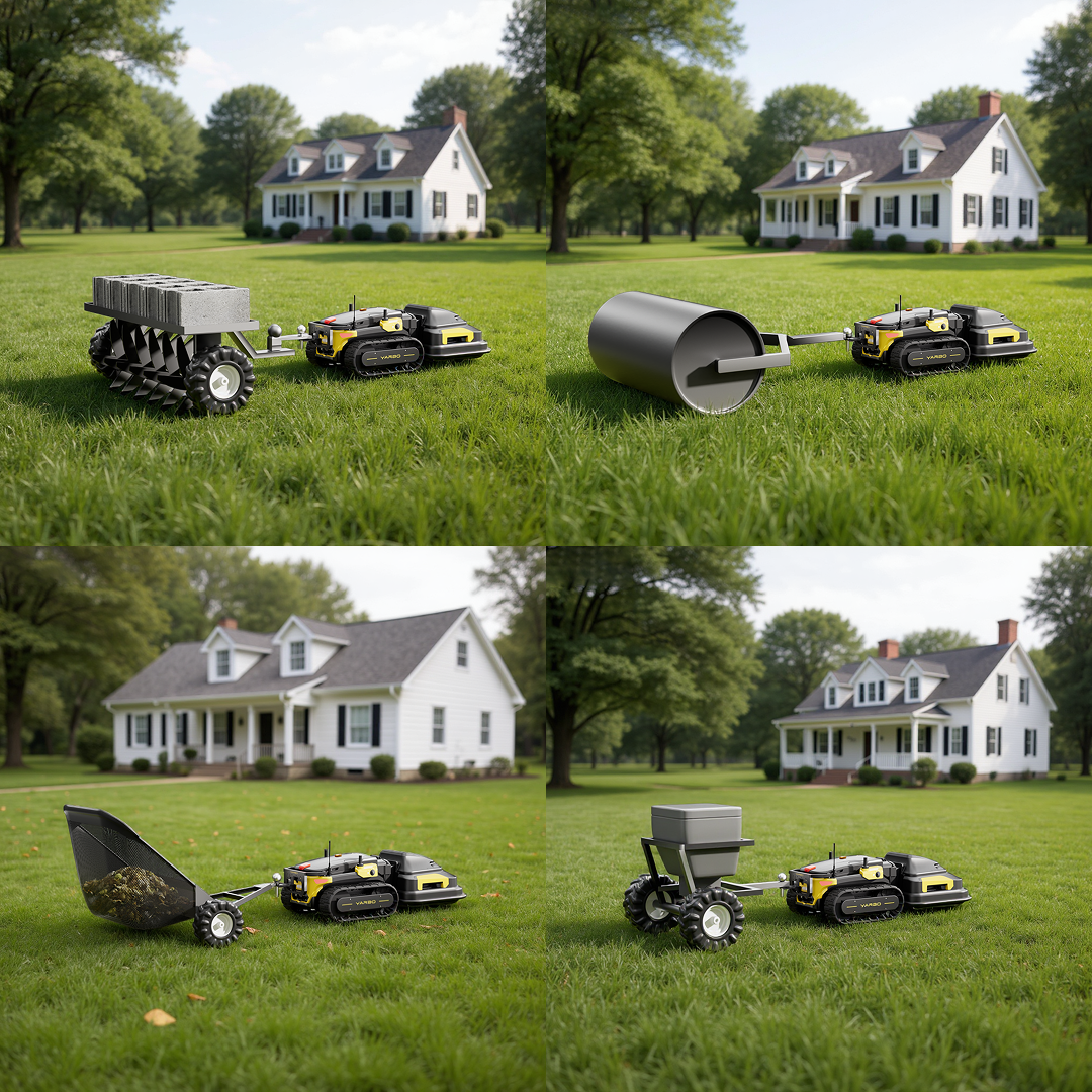 Back brace mount (Y Series) for robotic lawn mower with attached attachments on grass lawn, side view, multiple configurations shown
