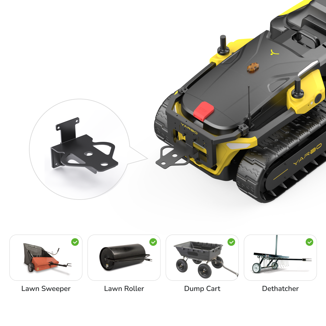 Black metal back brace mount for YARBO Y Series robotic lawn mower, shown with compatible attachments including sweeper, roller, dump cart, and dethatcher.