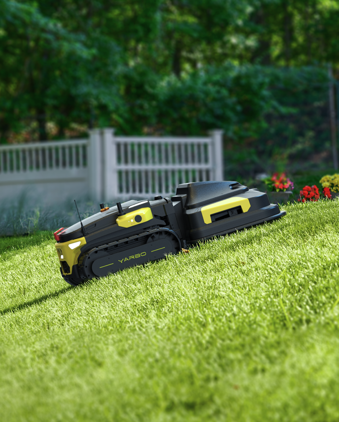 Black and yellow robotic lawn mower by Yarbo on green grass, side view with track wheels and compact design