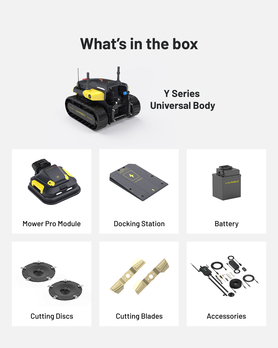 Black and yellow robotic lawn mower with tracked base by YARBO, shown with docking station, battery, cutting discs, blades, and accessories.