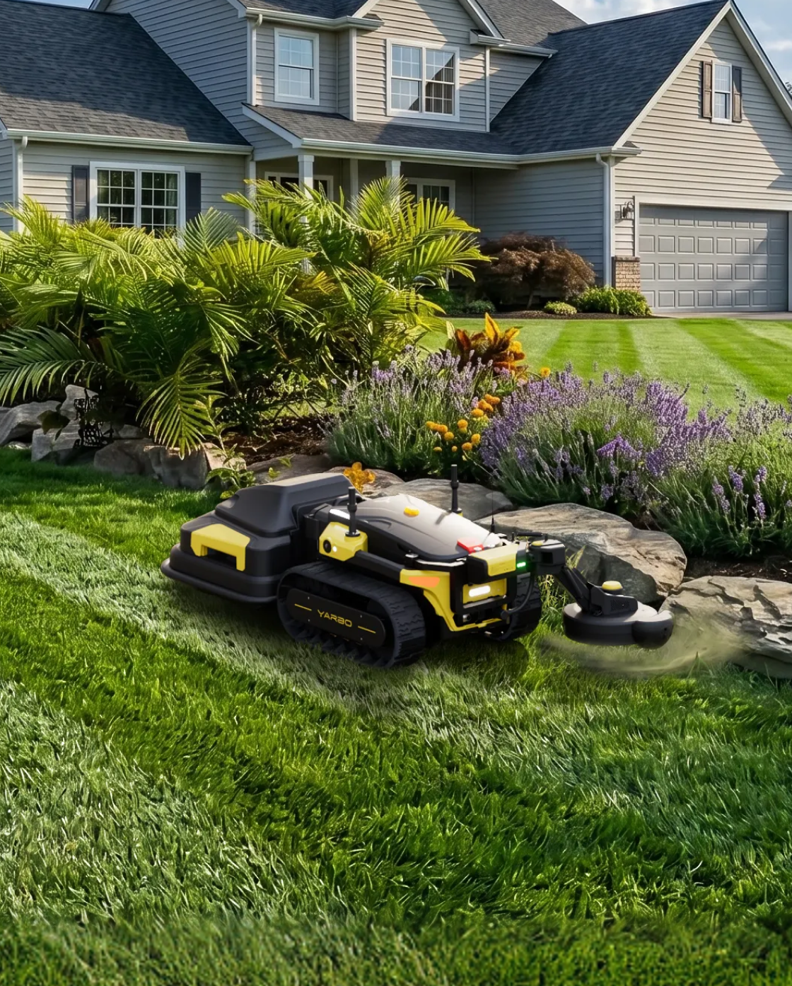 Black and yellow robotic lawn mower with attached trimmer by Yarbo, operating on a lush green lawn in front of a house, side view.
