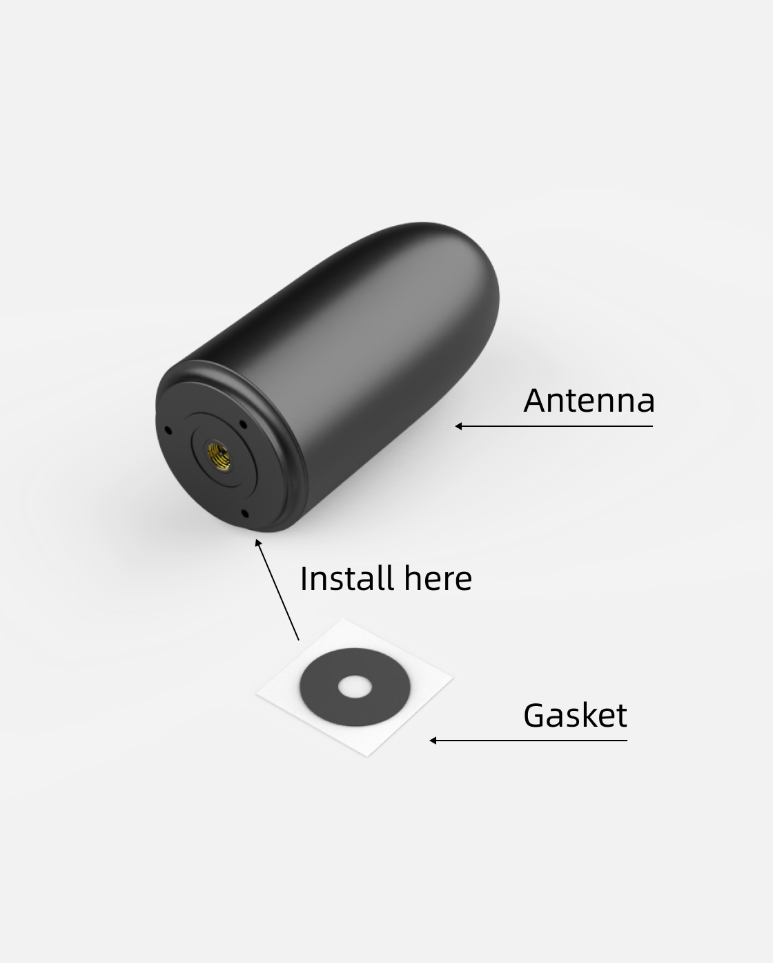 Black cylindrical RTK antenna with gold connector and included gasket, side view diagram showing installation point