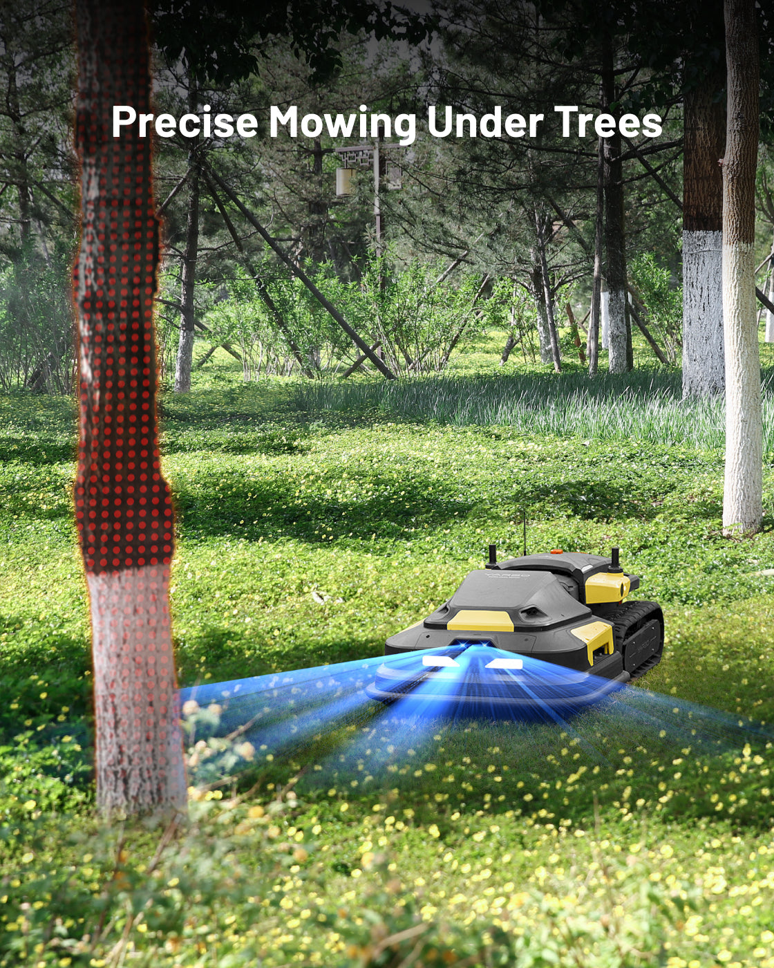 Black and yellow robotic lawn mower module with tank treads and blue sensor beams, shown in grassy area under trees, side view.