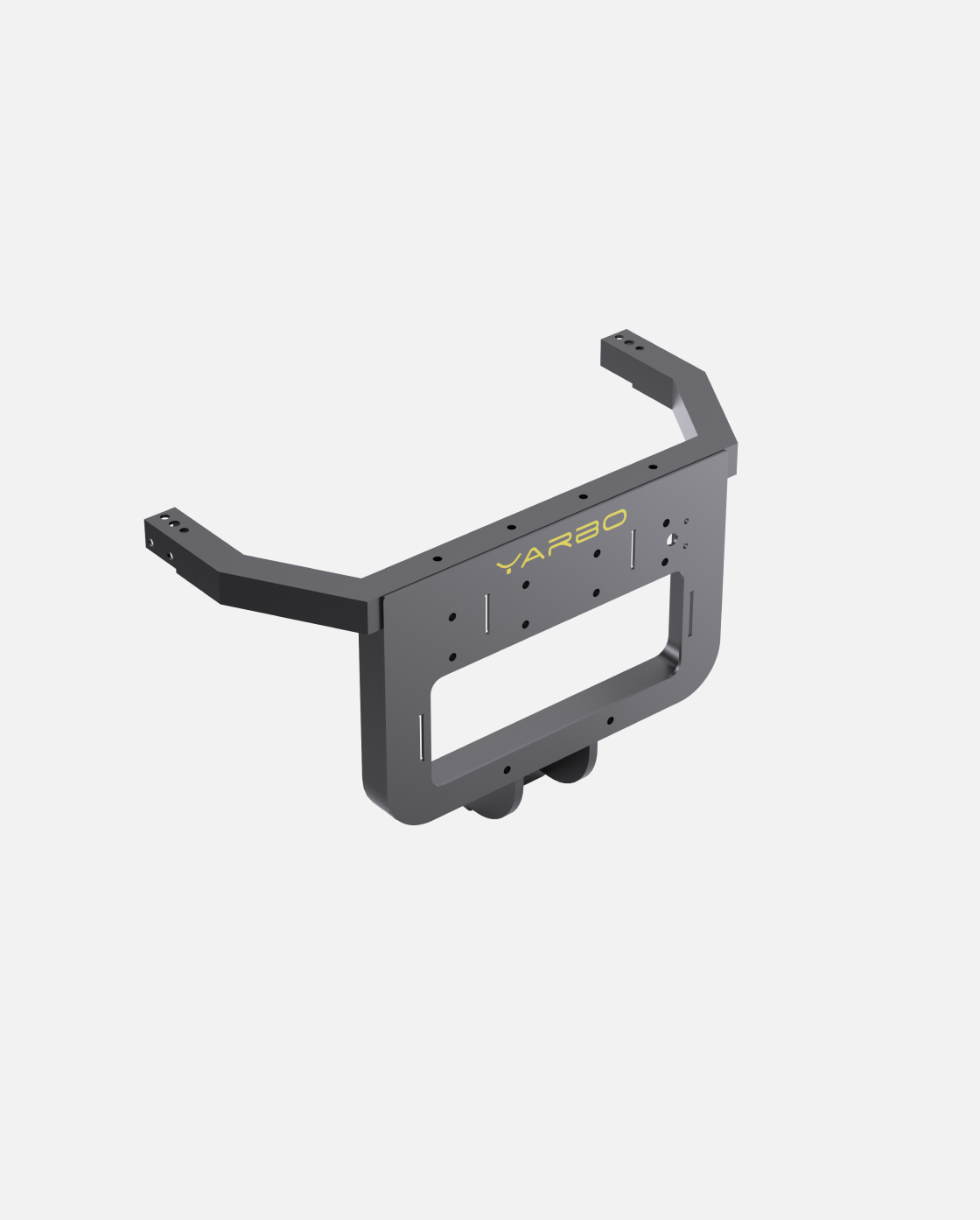 Gray metal back brace mount by YARBO with yellow logo, angular design, multiple mounting holes, side view