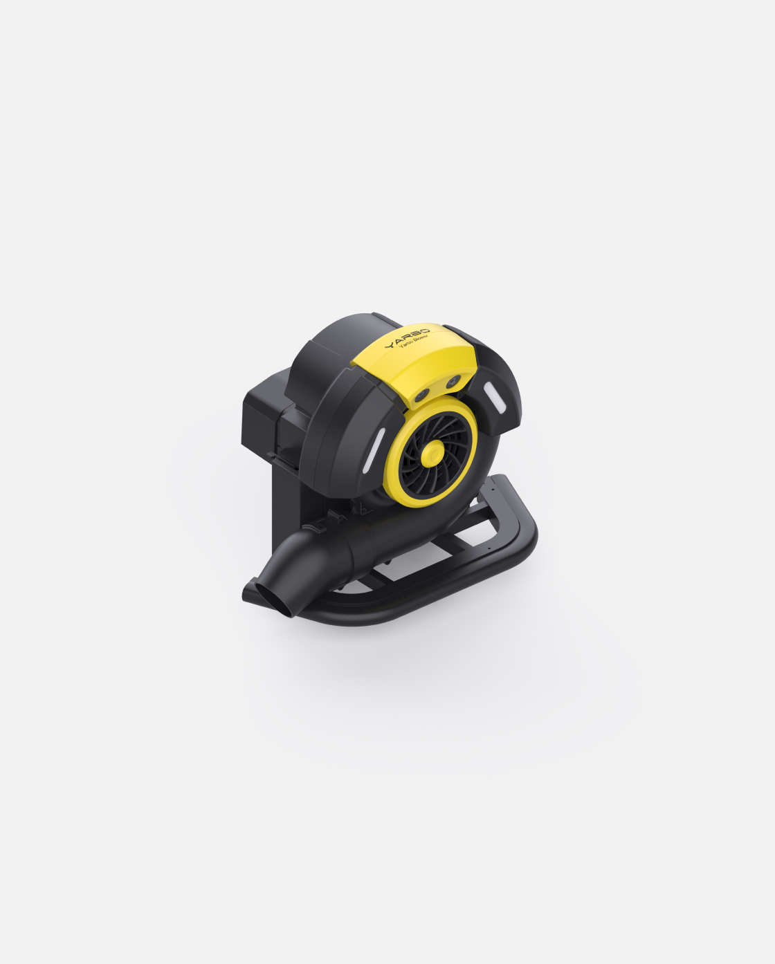 Black and yellow blower module with circular fan and side handle, by YARD, shown in angled studio view