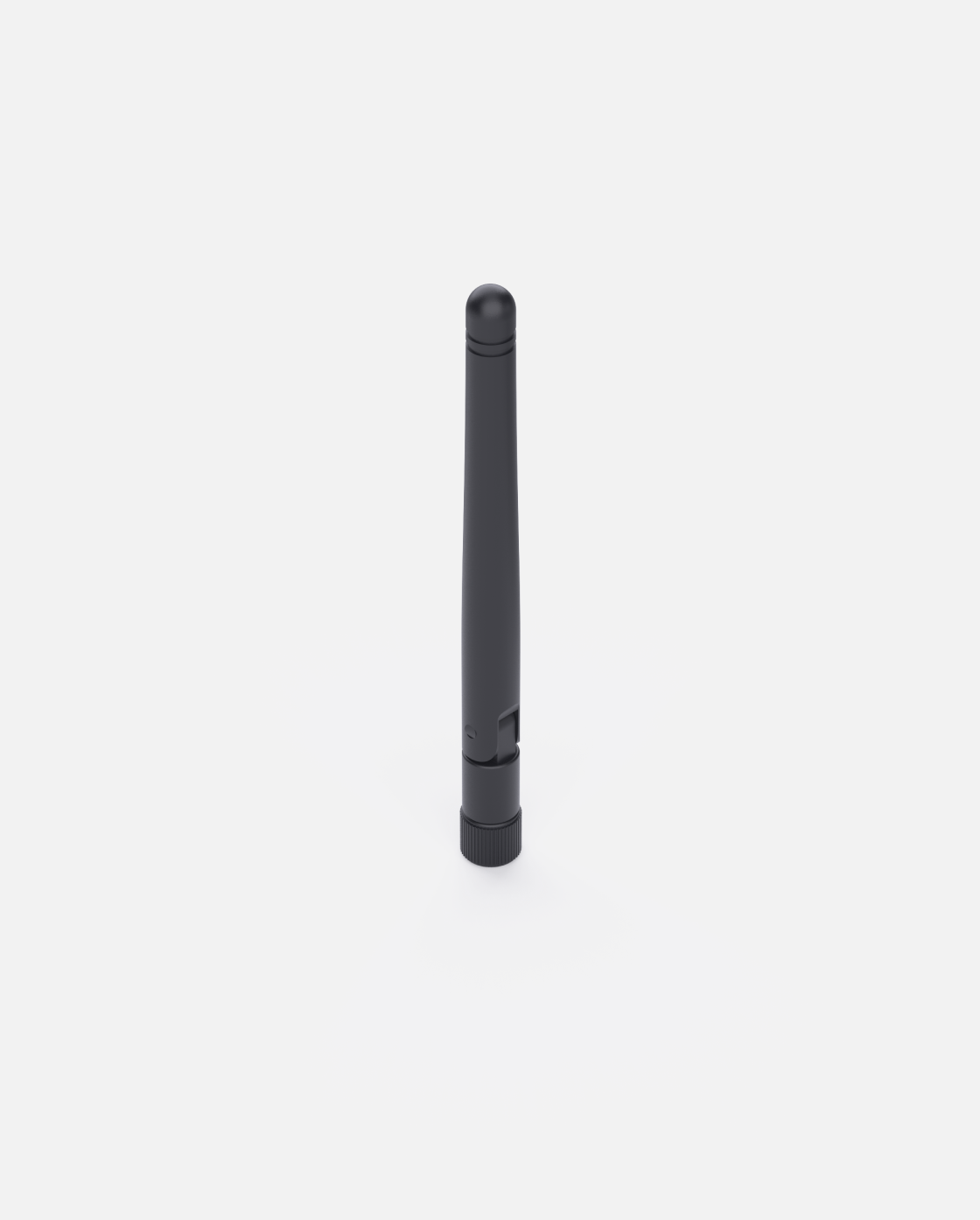 Black Bluetooth antenna for data center, slim cylindrical design with ribbed base, front view on white background