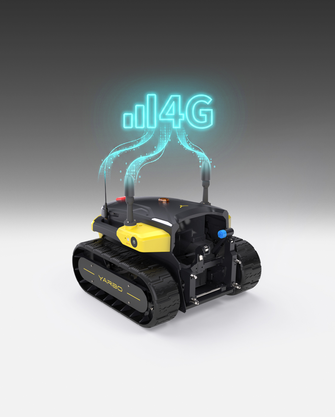 Black and yellow tracked robot with glowing 4G signal graphic, side view, by YARBO
