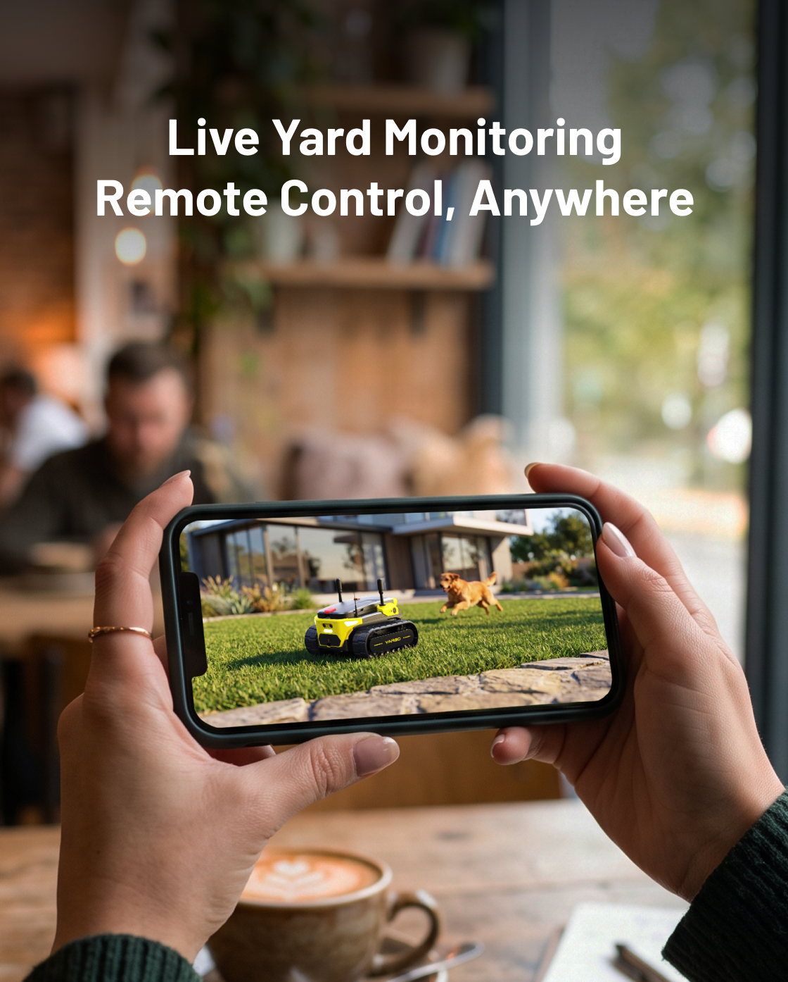 4G-enabled remote monitoring robot with yellow and black body, viewed on smartphone screen, showing live yard feed with dog and garden, lifestyle shot