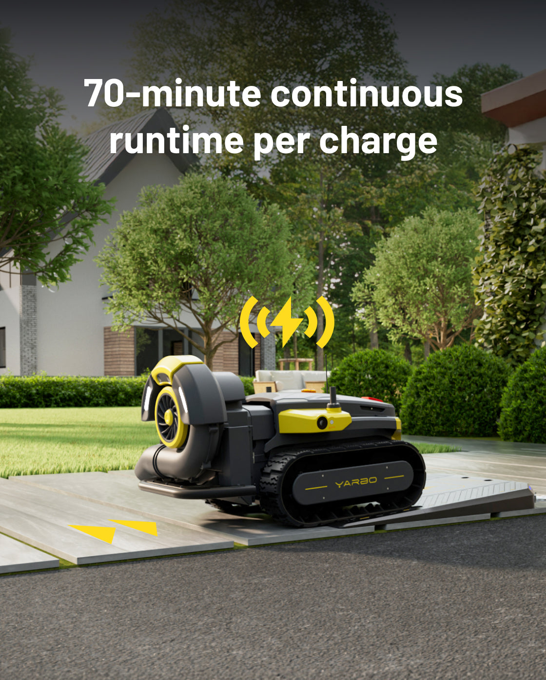 Yellow and black blower module from YARBO, attached to robotic lawn mower, side view on patio with green garden background