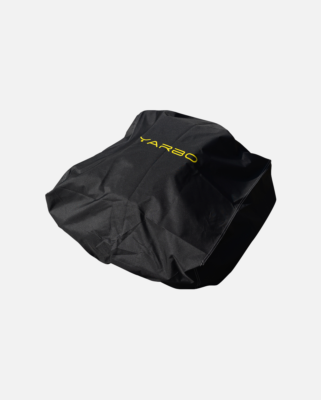 Black lawn mower module cover by YARBO with yellow logo, textured fabric, angled studio view