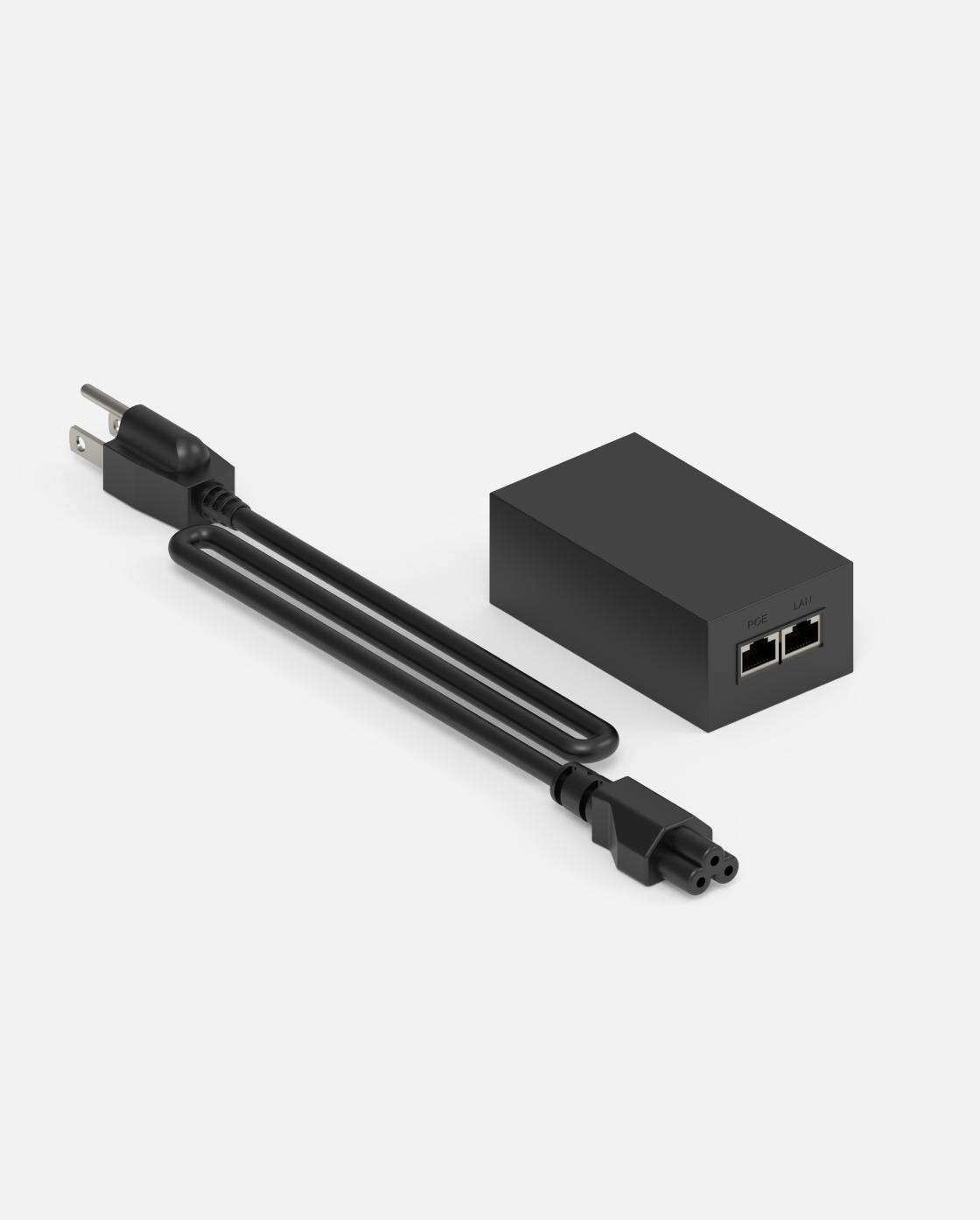 Black POE power adapter with two Ethernet ports and power cord, side view, compact rectangular design with labeled POE and LAN ports.