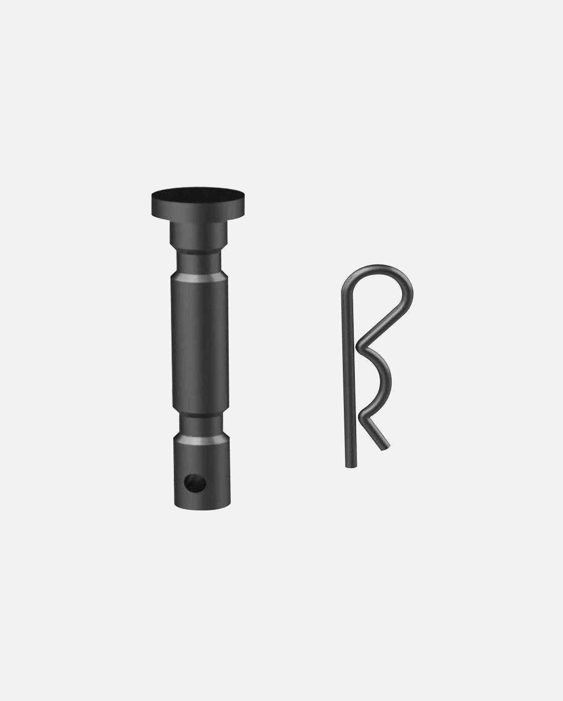 Black shear pin and cotter pin set, Y Series, featuring cylindrical pin with flared head and hole, alongside U-shaped cotter pin, displayed side-by-side on white background.