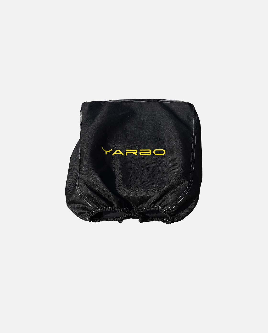 Black fabric Smart Assist Module Cover by YARBO with yellow logo and elastic bottom, front view