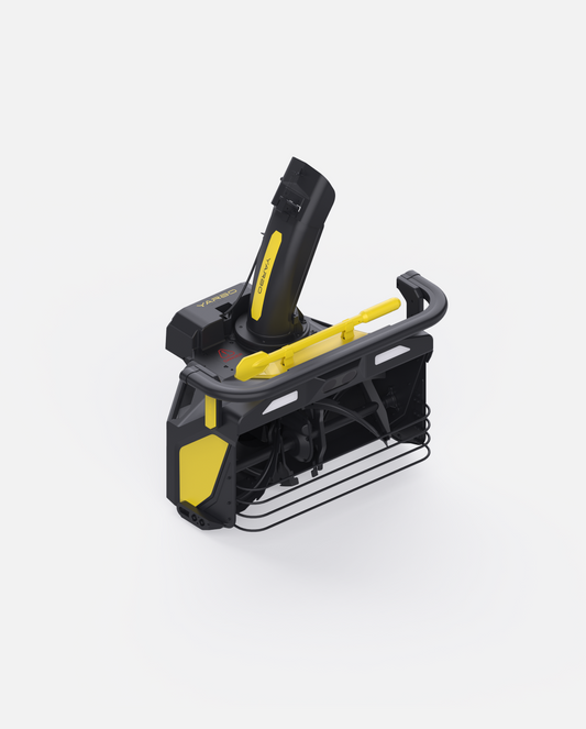 Black and yellow snow blower module with angular design and protective cage, by YARBO, shown in angled studio view