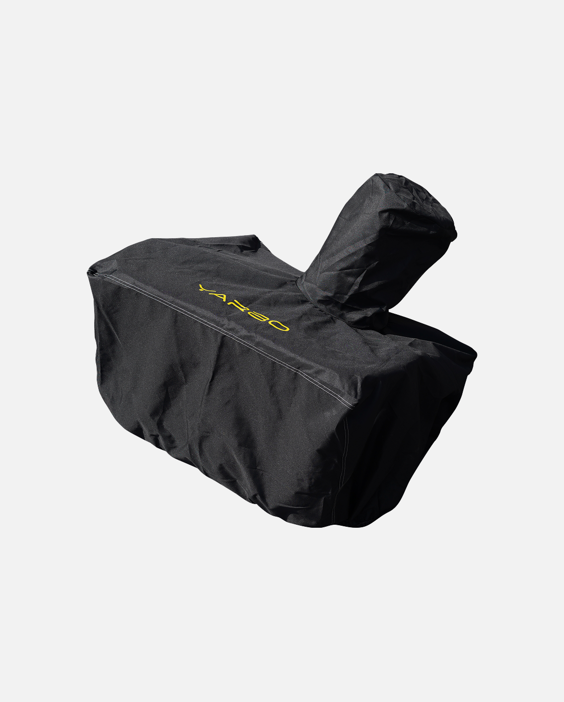 Black snow blower module cover with yellow YAXBO logo, textured fabric, side view, protective design