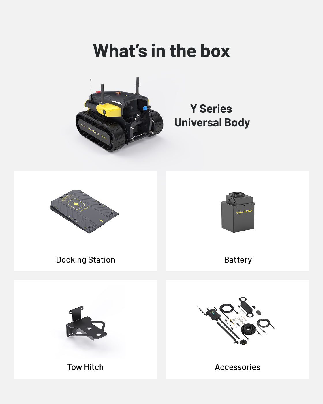 Black and yellow tracked robot body with antennas by Yarbo, shown with docking station, battery, tow hitch, and accessories in grid layout