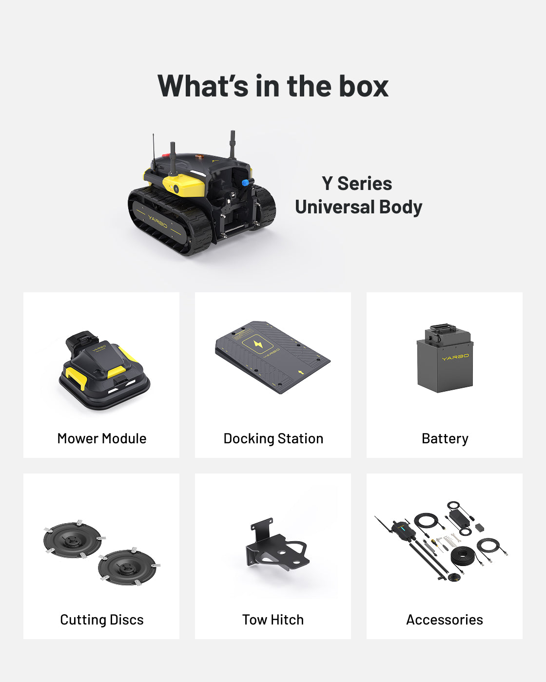 Black and yellow robotic lawn mower by Yarbo with tracked body, docking station, battery, cutting discs, and accessories shown in product layout.