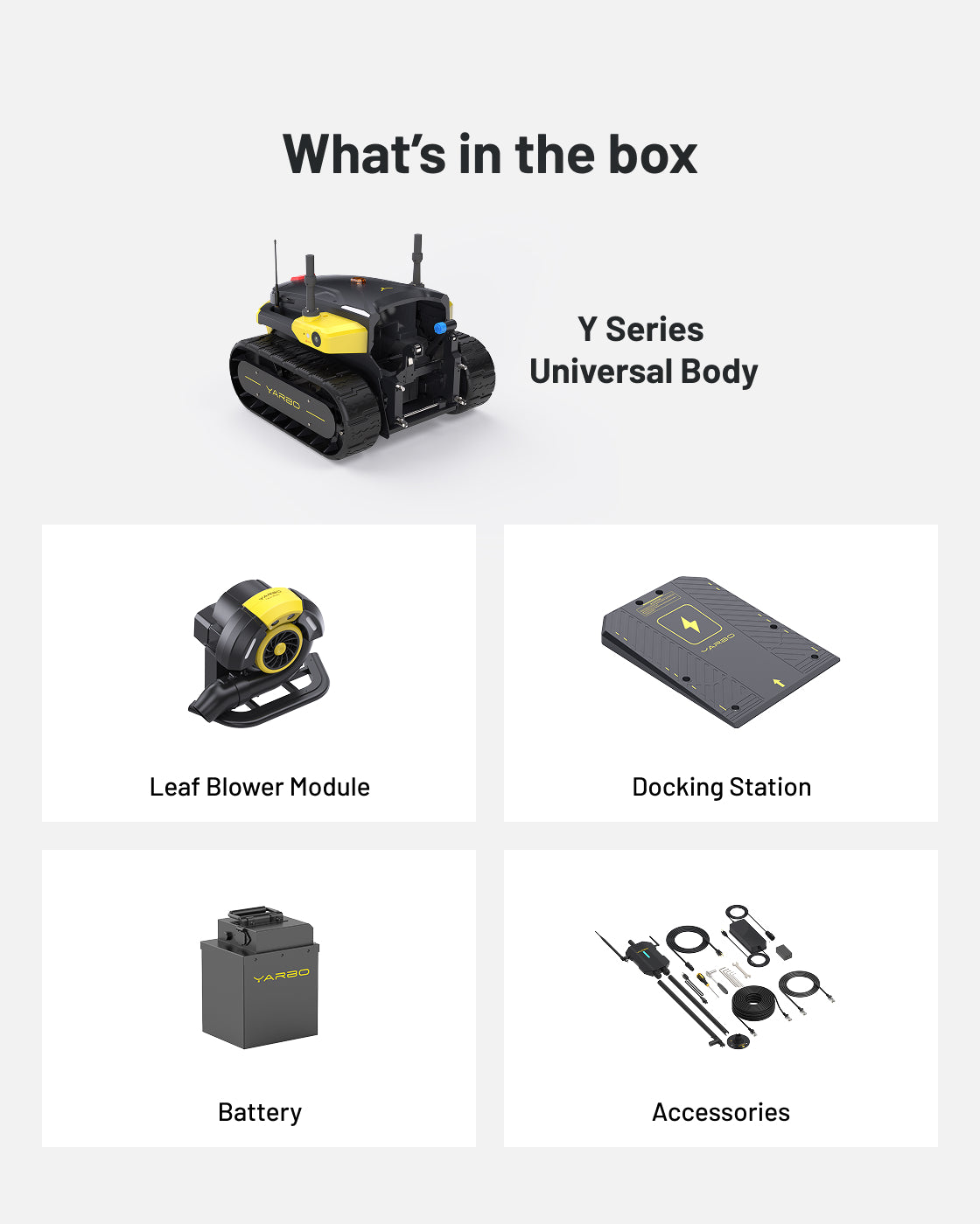 Black and yellow leaf blower module by Yarbo with compact design, circular fan, and attached base, shown in product lineup.