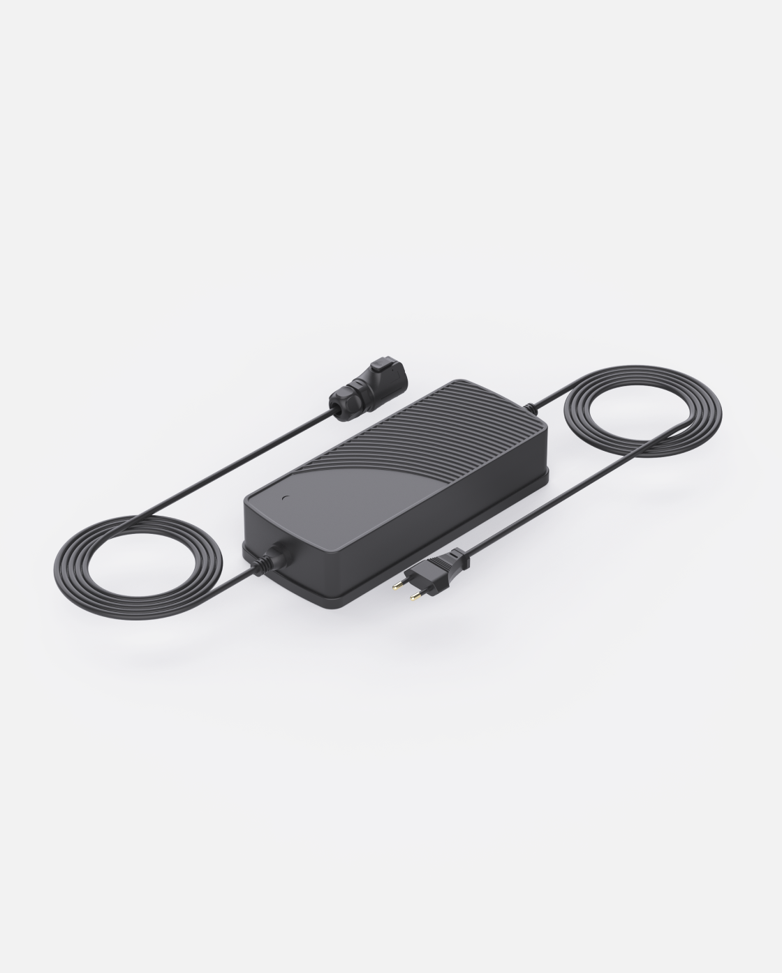 Black wired charger with ribbed texture and coiled cables, shown from top angle on white background