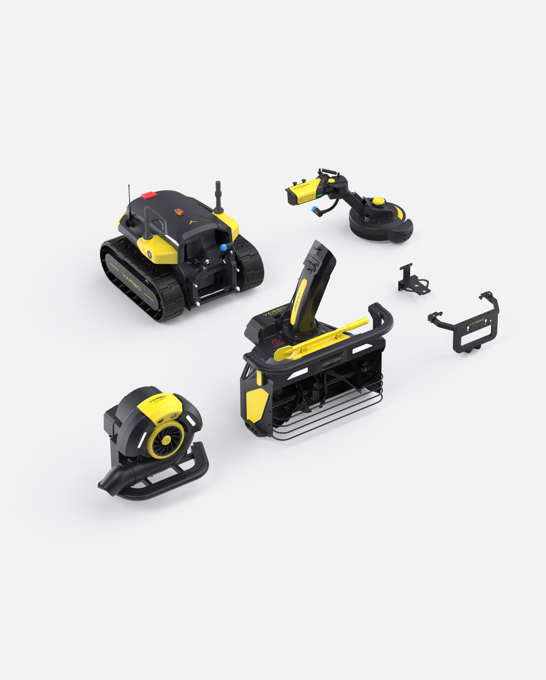 Black and yellow robotic lawn mower with snow blower, blower, and trimmer attachments by Yarbo, shown in overhead product layout