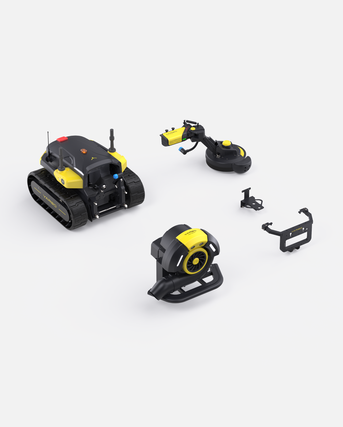 Black and yellow robotic lawn mower with blower and trimmer attachments by Yarbo, shown in overhead product layout.