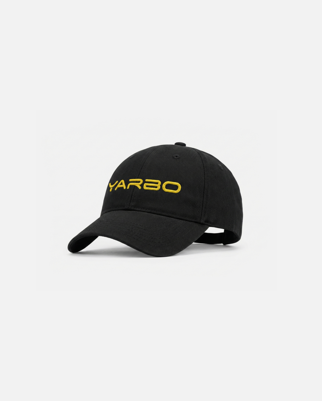 Black cotton baseball cap with yellow embroidered YARBO logo, side view, structured crown and curved brim by Yarbo