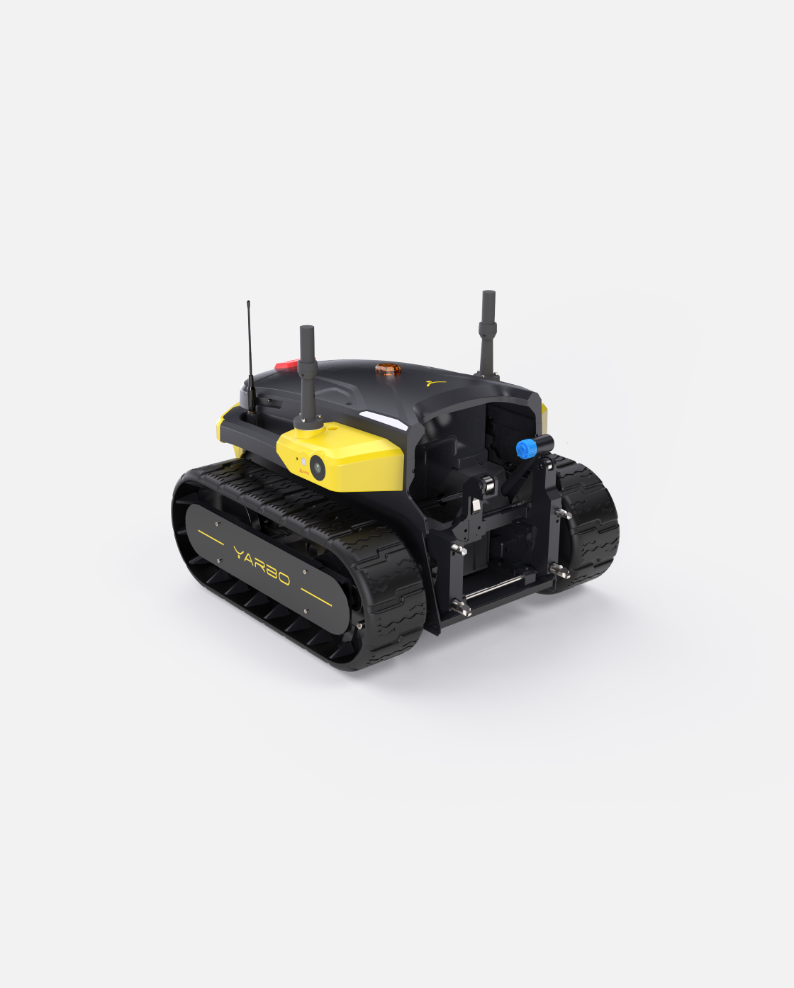 Black and yellow tracked robot with rugged treads and sensors, by Yarbo, side view with visible antennas and camera module