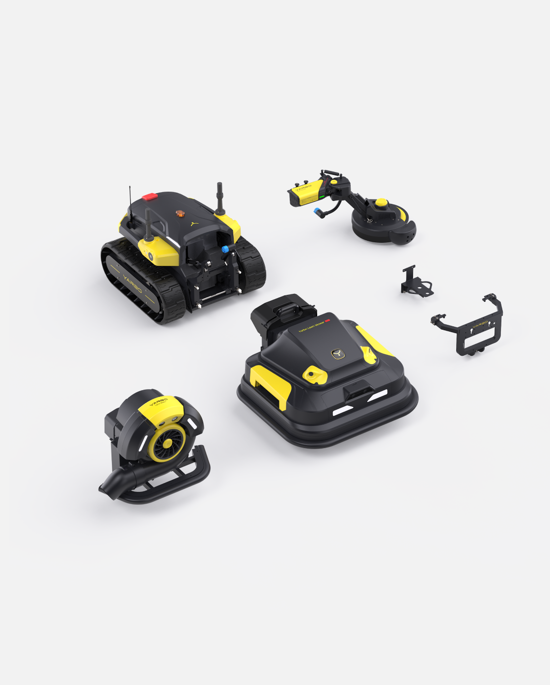 Black and yellow robotic lawn mower, blower, and trimmer package by Yarbo, shown with attachments in overhead view