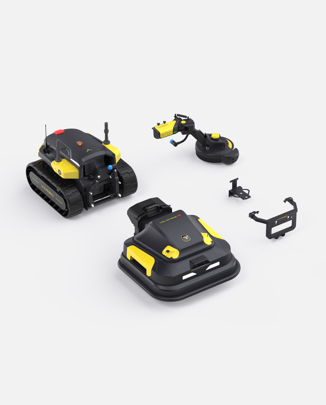Black and yellow robotic lawn mower and trimmer package by Yarbo, featuring tracked and wheeled models with accessories, top-down view