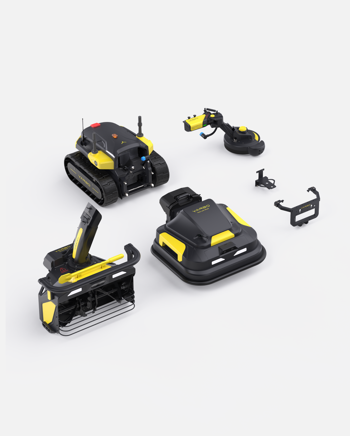 Black and yellow robotic lawn mower, snow blower, and trimmer package by Yarbo, shown with attachments and modular components in overhead view.