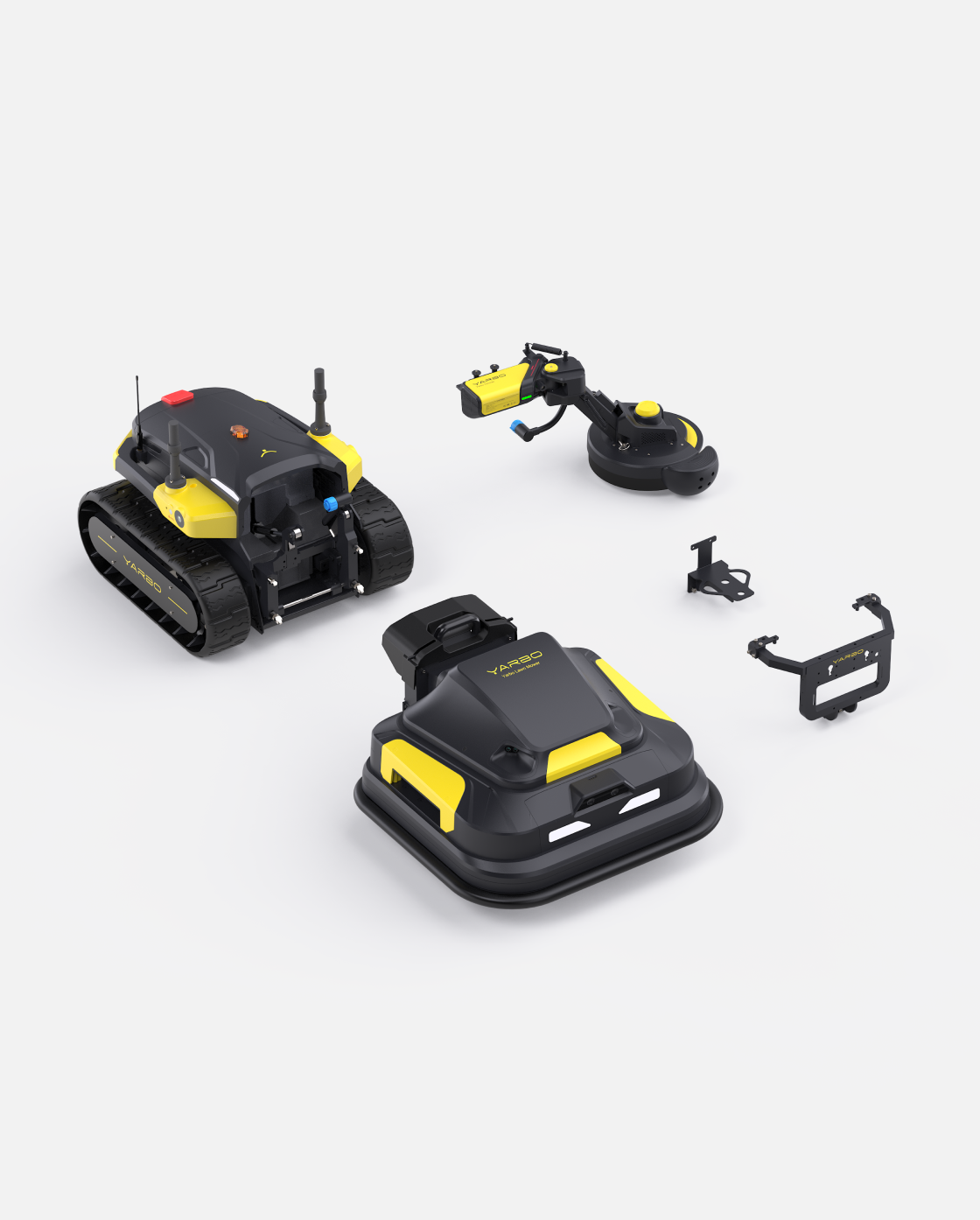 Black and yellow robotic lawn mower and trimmer package by Yarbo, featuring tracked and wheeled units with accessories, displayed in product layout view.