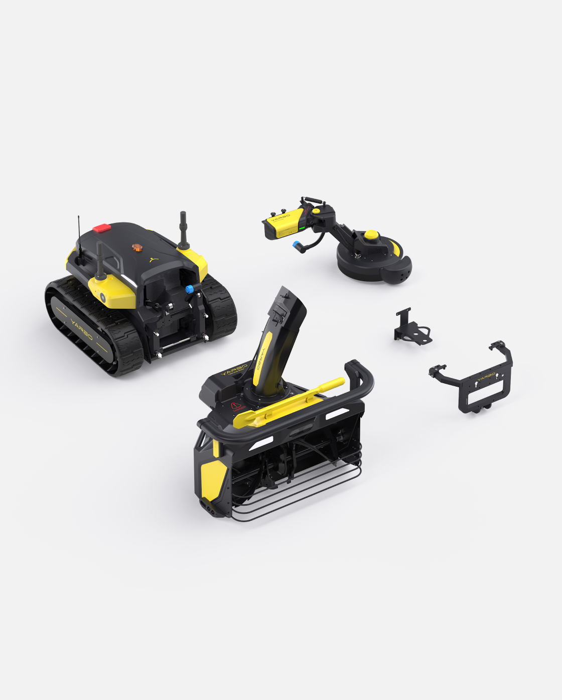 Black and yellow robotic snow blower and trimmer package by Yarbo, featuring tracked base, detachable attachments, and modular design, shown in overhead product view.