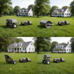 Back brace mount (Y Series) for robotic lawn mower with attached attachments on grass lawn, side view, multiple configurations shown