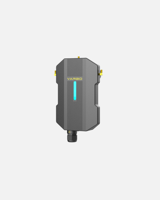 Gray rugged data center device by YARBO with vertical blue LED, textured surface, and yellow connectors, front view.