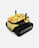 Yellow and black tracked robot with angular design, by YARBO, featuring antennas, camera module, and red power button, side view