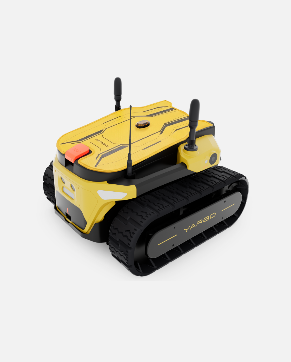 Yellow and black tracked robot with angular design, by YARBO, featuring antennas, camera module, and red power button, side view