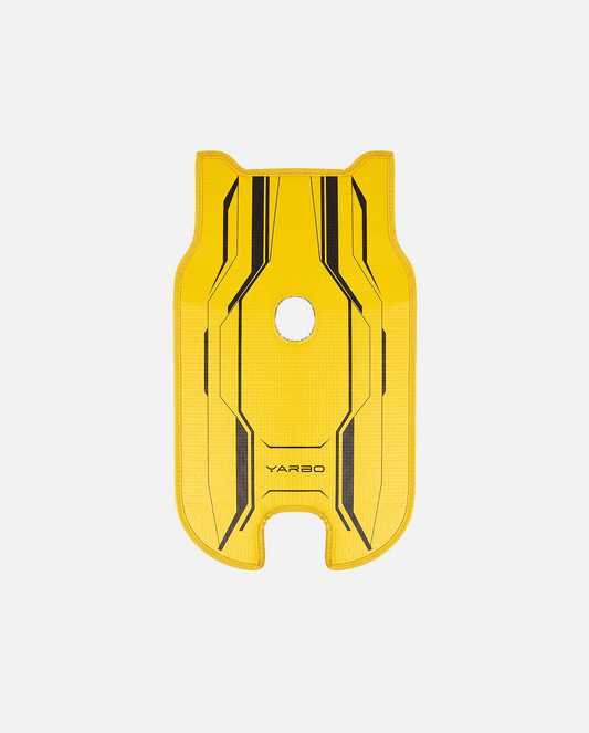 Yellow textured protective skin with black geometric accents and central hole, by YARBO, front view