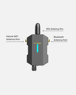 RTK Antenna Pro by YARBO, gray metallic body with blue LED indicator, top-mounted antenna, HaLow WiFi and Bluetooth ports, front view.