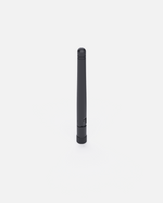 Black Bluetooth antenna for data center, slim cylindrical design with ribbed base, front view on white background