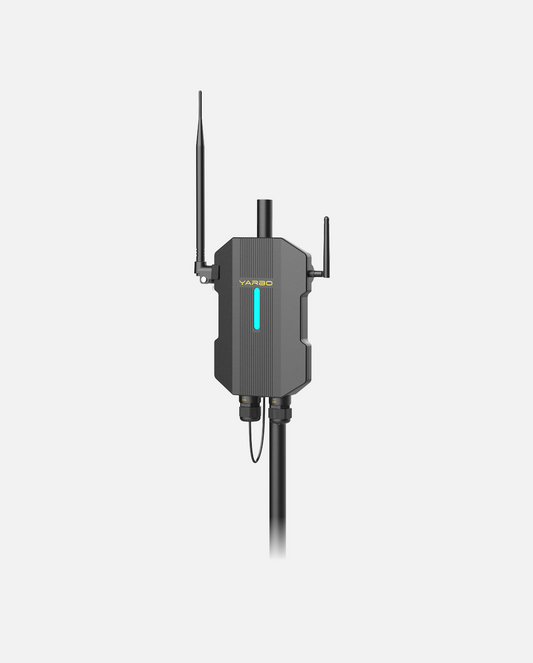 Black rugged data center device by YARBO with dual antennas, vertical blue LED, and textured housing, front view.
