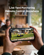 4G-enabled remote monitoring robot with yellow and black body, viewed on smartphone screen, showing live yard feed with dog and garden, lifestyle shot