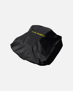 Black lawn mower module cover by YARBO with yellow logo, textured fabric, angled studio view