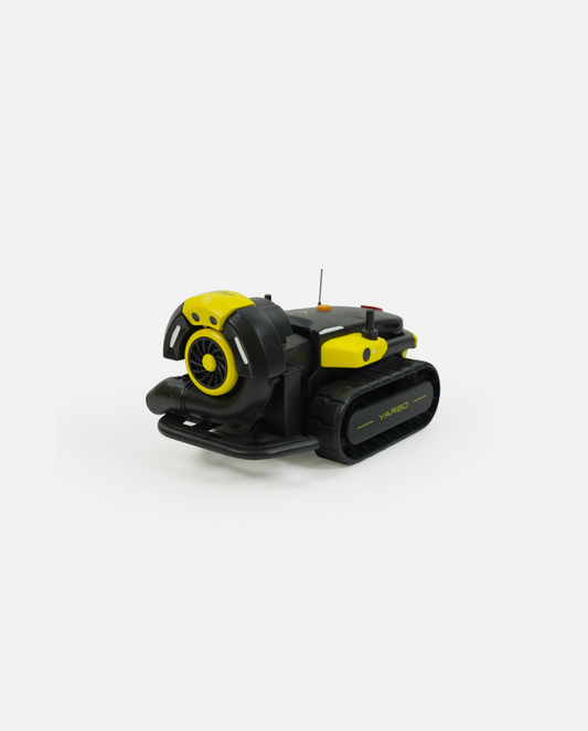 Mini black and yellow Yarbo blower 3D model with tank treads and front fan, side view on white background