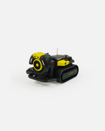 Mini black and yellow Yarbo blower 3D model with tank treads and front fan, side view on white background