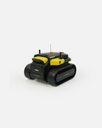Mini black and yellow tracked robot model by Yarbo, featuring side view with textured treads and antenna, Y Series design