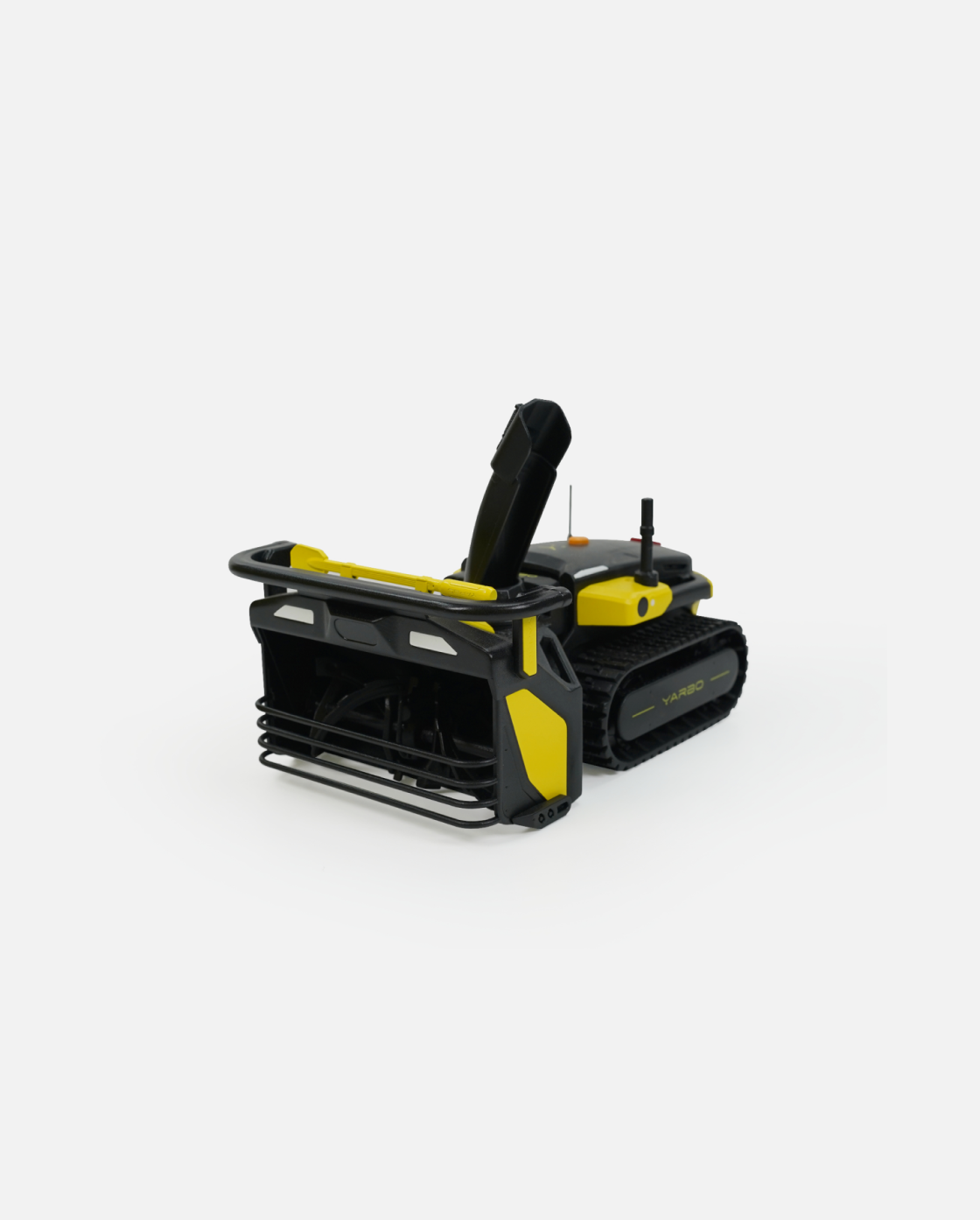 Mini black and yellow snow blower model by Yarbo, featuring tracked base and front chute, side view on white background