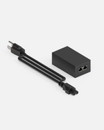 Black POE power adapter with two Ethernet ports and power cord, side view, compact rectangular design with labeled POE and LAN ports.