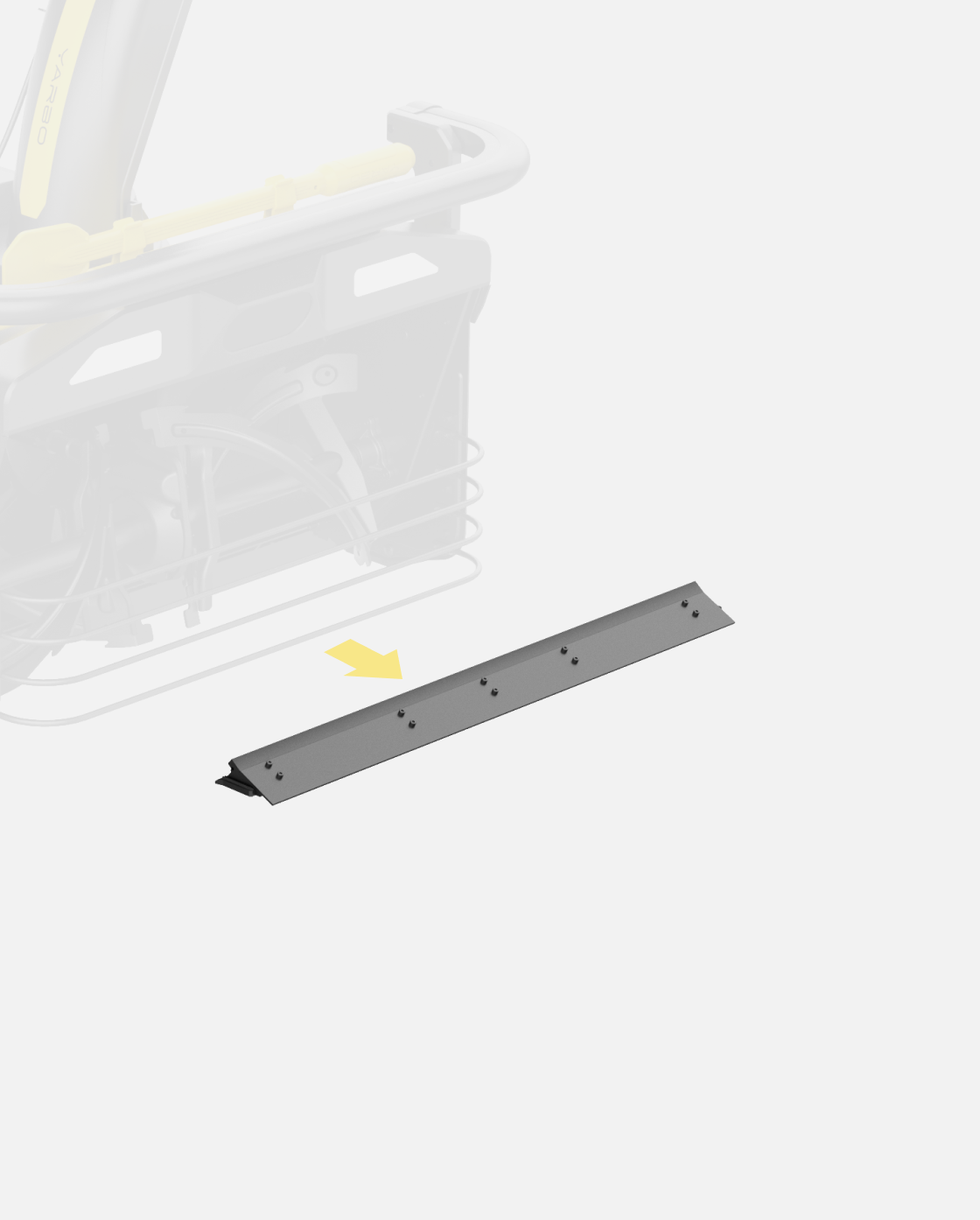 Gray metal scraper bar with bolt holes, from Y Series, shown in front view with equipment background.
