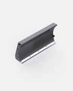 Gray snow plow blade with curved edge and white mounting strip, side view, Y Series model