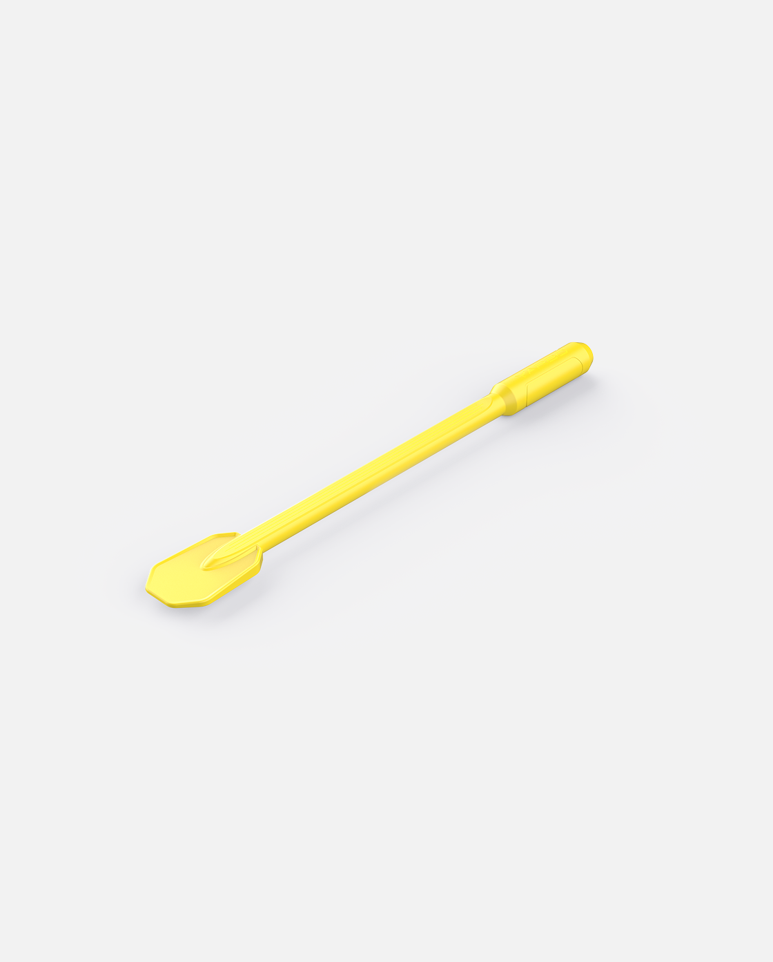 Bright yellow plastic snow shovel with ergonomic grip, side view, Y Series design
